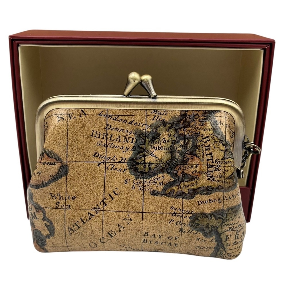 Patricia Nash Womens Leather Coin Purse European Map Print Kiss Lock in Gift Box - Picture 3 of 10